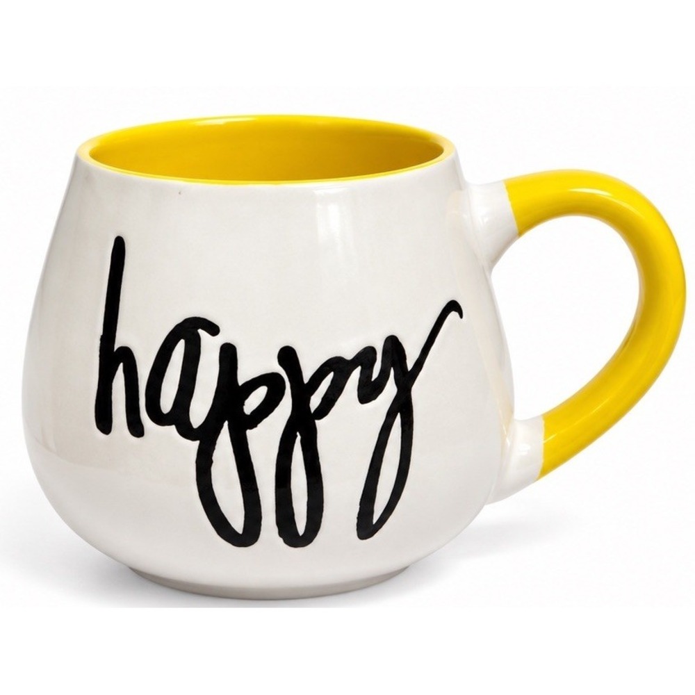 Pier 1 Imports- White and Yellow " Happy" Coffee Tea 16 oz Ceramic Stoneware Mug